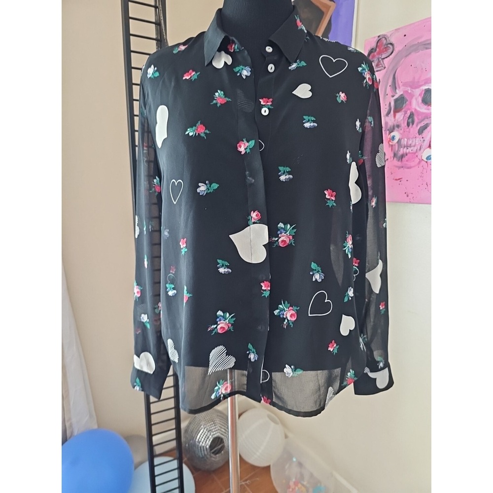 Avec Les Filles Sheer Black Allover Print Roses Hearts Button Shirt Size L